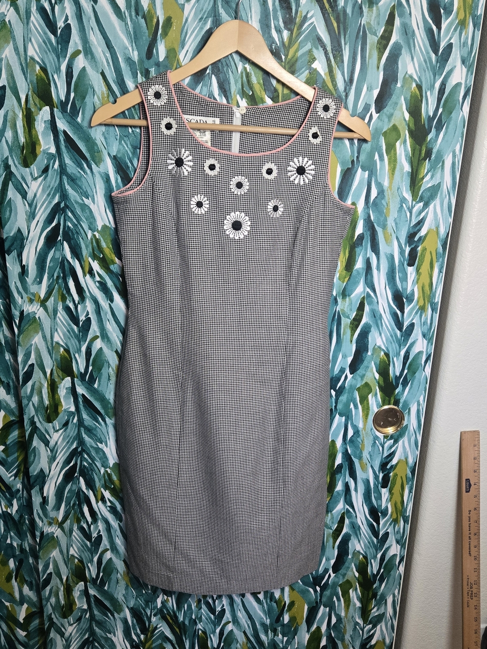 VTG Escada Daisy Gingham Shift Dress Embroidered Trim Black White Sz 34